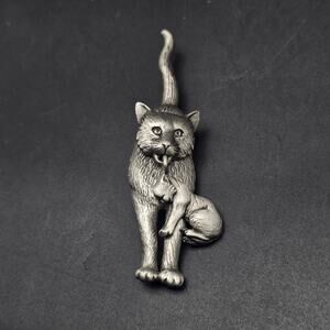 Jonette Jewelry Cat with Kitten Brooch Silver Tone Vintage Cat Lover Jewelry